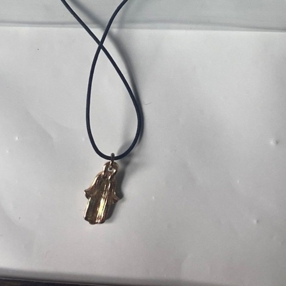 Gold Tone Hamsa Hand Fatima Pendant Black Cord Necklace Adjustable 19 Inch